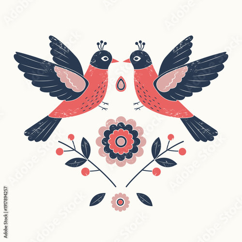 Ethnic folk birds and flowers greeting card design. Textured hand drawn symmetrical illustration.