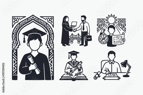 Black and White Education and Career Path Glyph Icons