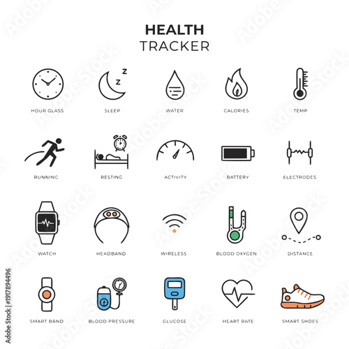 A collection of icons related to health and fitness tracking