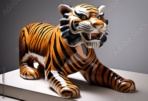 Ceramic tiger figurine with detailed stripes and fierce expression  