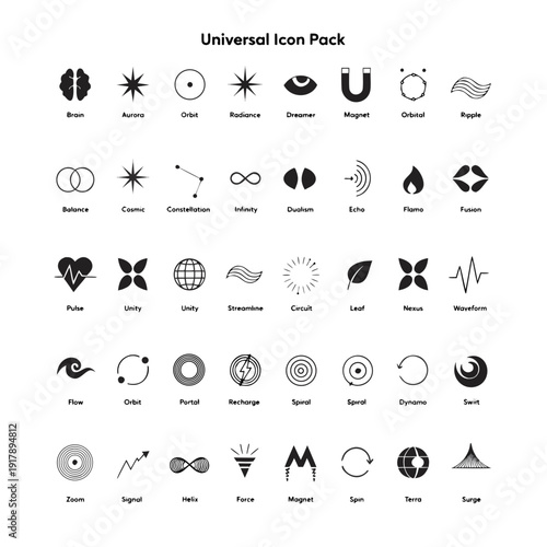 A collection of various universal star and moon phases icons in black and white