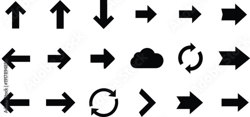 Arrow icon collection with navigation and direction symbols, pointer shapes, refresh cycle and cloud elements set for web and mobile interface, Vector illustration