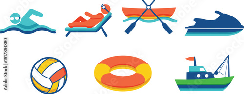Water Sports and Beach Activity Icon Set with Swimming, Jet Ski, Volleyball, Lifebuoy, Boat, and Sunbed Vector Collection.