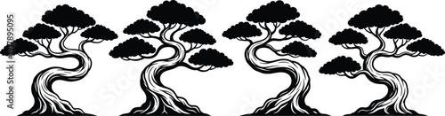 Bonsai tree silhouette collection set, Japanese style miniature tree shapes with curved trunk and decorative foliage for logo, tattoo and nature design, Vector illustration