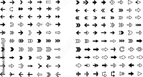 Chevron and directional arrow icon bundle, minimal outline and solid navigation symbols collection for web, app interface, media control buttons, Vector illustration
