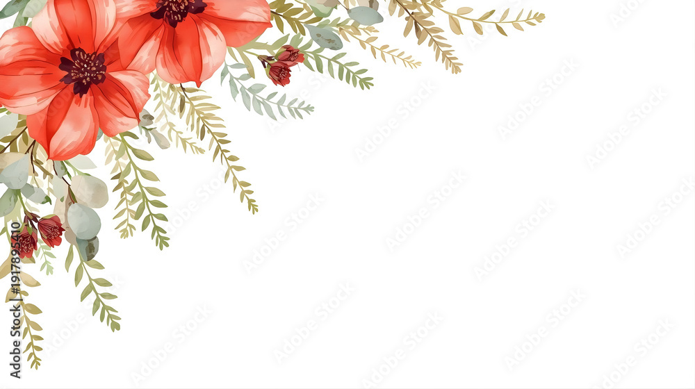 Obraz premium watercolor floral flower corner arrangement with red roses eucalyptus, pastel wedding invitation cards design, png, isolated on transparent background