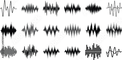 Dynamic audio waveform bundle set, music equalizer sound waves, podcast recording frequency pulses and digital amplitude elements for media production, Vector illustration