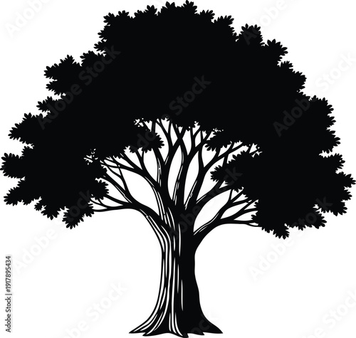 A simple black silhouette of a tree with a wide canopy and thick trunk against a white background.