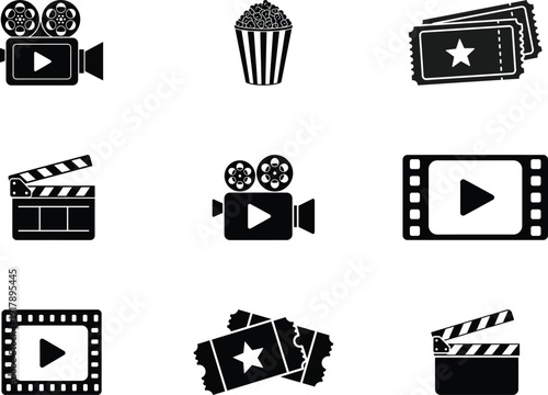 Cinema Icons Set for Filmmaking and Movie Production Industry, Film and Media Symbols