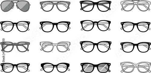 Eyeglasses and sunglasses collection vector illustration featuring modern optical frames set isolated for fashion accessory design, vision care branding, and eyewear shop graphics.