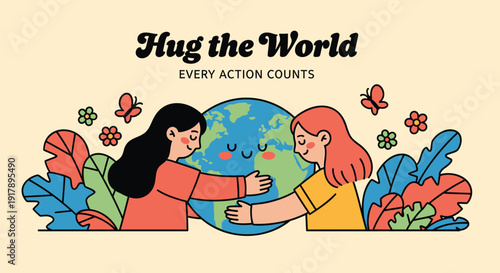 Environmental conservation illustration with two women hugging the Earth, surrounded by flowers and butterflies, promoting unity and sustainability.