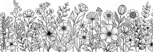 Floral Line Art Border, Detailed Wildflower and Leaf Outline Illustration, Botanical Vector Collection for Decorative Design, Coloring Pages, Prints, and Craft Projects.