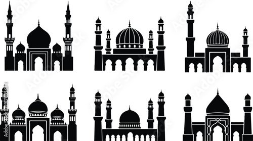 Collection of various mosque silhouettes with domes and minarets on white