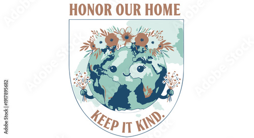 Environmental protection icon with Honor Our Home slogan and Keep It Kind phrase, eco-friendly shield design.