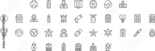 Modern minimal line icon set with technology business eco device lifestyle security and user interface symbols for digital application design, Vector illustration