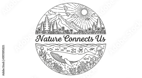 Nature Connects Us eco friendly icon with mountain, whale, and forest, created in line art style with black and white palette