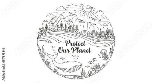 Environmental protection icon with Protect Our Planet text, featuring earthy landscape and wildlife elements.