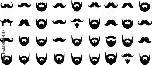 Mustache and beard silhouette collection set, hipster facial hair styles bundle for barber shop logo, grooming brand, vintage and movember design, Vector illustration