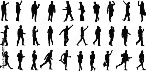 Business people silhouettes collection with walking and talking poses, corporate professionals activity set vector illustration, office teamwork and communication concept
