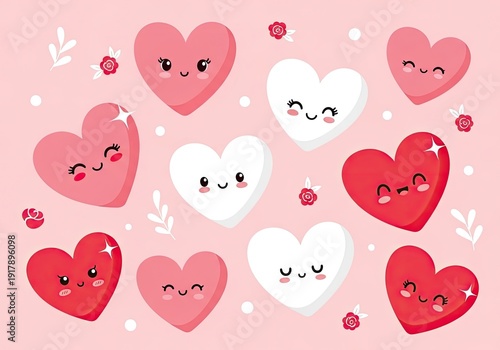Cute cartoon hearts with smiling faces on pink background for Valentine's Day