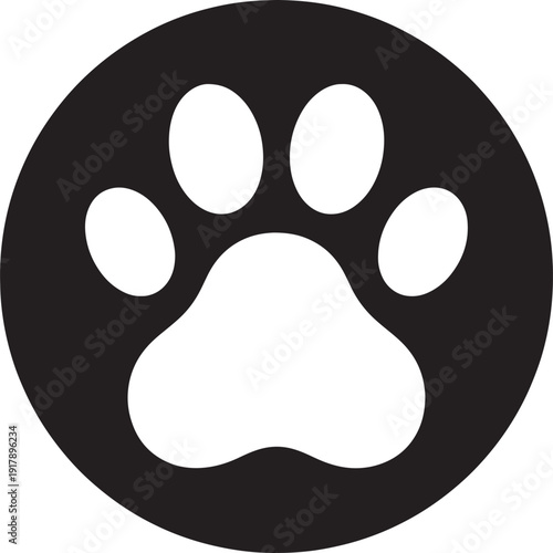 Minimalist white dog paw print silhouette in black circle for pet shop and animal care branding