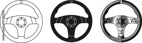 Transportation Steering Wheel Vector Collection, Sport and Racing Car Interior Designs, Detailed Automotive Control Illustration for Vehicle Branding and Performance Projects