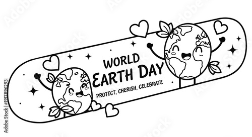 World Earth Day skateboard sticker with globe characters, hearts, and stars, promoting protect, change, celebrate. Vector illustration for eco-friendly awareness campaigns. Created in line art style