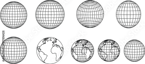 Vector illustration globe collection, wireframe earth spheres with longitude latitude grid, world map outline variations, global geography design set, editable line art elements