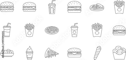 A collection of simple line drawings of various fast food items and drinks.
