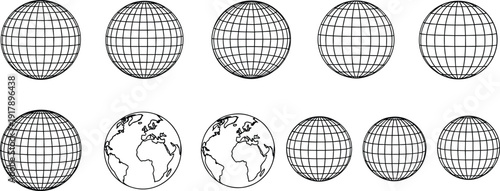 Vector illustration globe bundle, wireframe earth spheres with latitude longitude grid and world map outline versions, global geography design collection, editable cartography elements