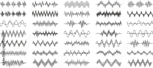 Voice recording waveform bundle set, podcast audio signal lines, broadcast sound frequency pulses and music amplitude elements for digital production, Vector illustration
