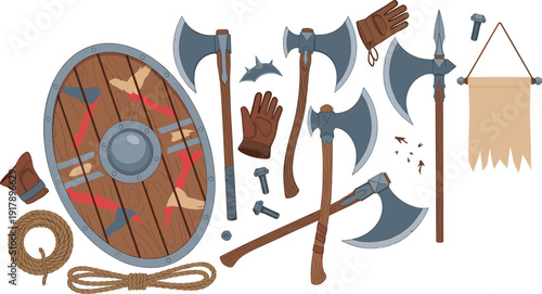 Viking Warrior Equipment Set with Battle Axes, Wooden Shield, Gloves, Rope, and Medieval Norse Combat Weapons Vector Collection.