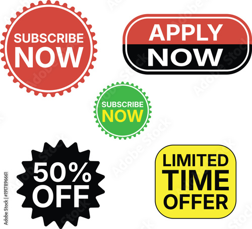 Set of Promotional Call to Action Buttons – Subscribe, Apply, Discount and Limited Offer Badges