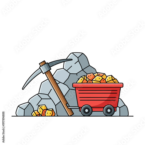 Mining cart filled with gold nuggets next to rocks and pickaxe