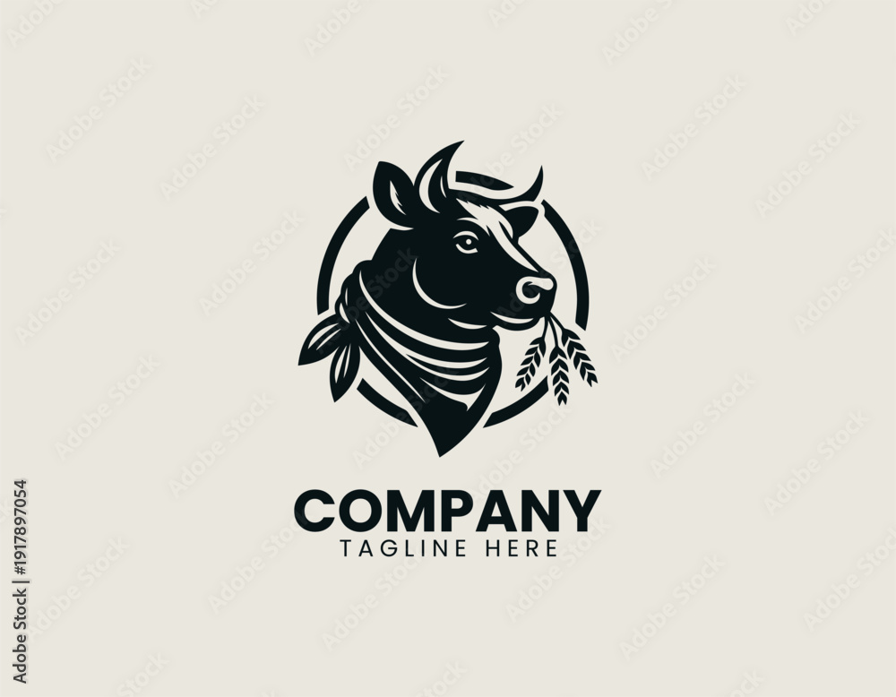 Obraz premium cow head styled from the side, wearing a bandana and holding wheat straw in its mouth black vector logo illustration white background