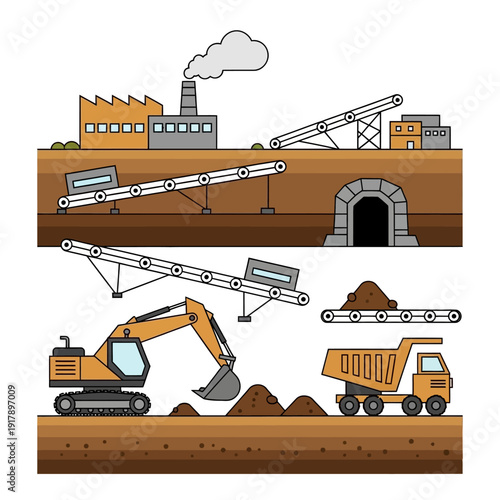 Mining industry, excavation, conveyor belts, factory, truck, excavator, underground tunnel