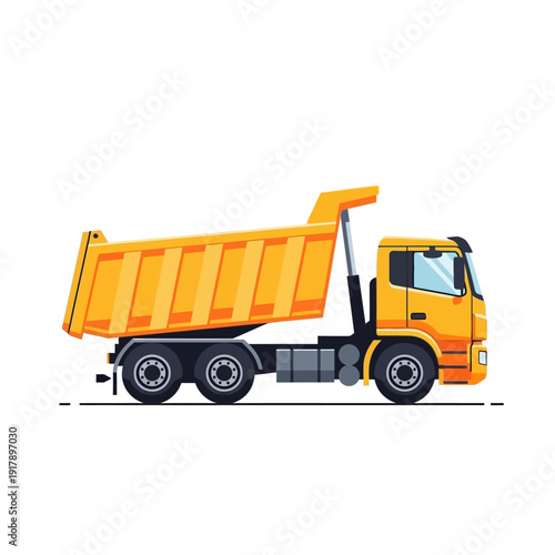 Yellow dump truck, construction vehicle, heavy machinery, isolated on white background