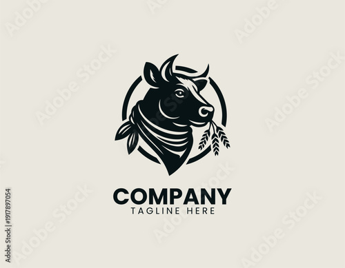 cow head styled from the side, wearing a bandana and holding wheat straw in its mouth black vector logo illustration white background