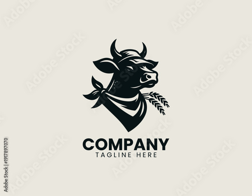 cow head styled from the side, wearing a bandana and holding wheat straw in its mouth black vector logo illustration white background