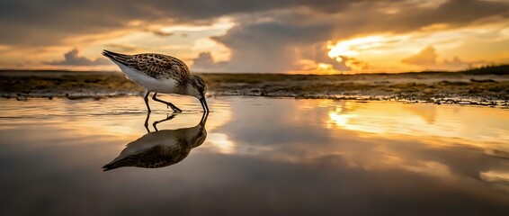 Sandpiper bird feeding on wet beach sand with perfect reflection during golden hour sunset, creating mirror effect on calm water surface.