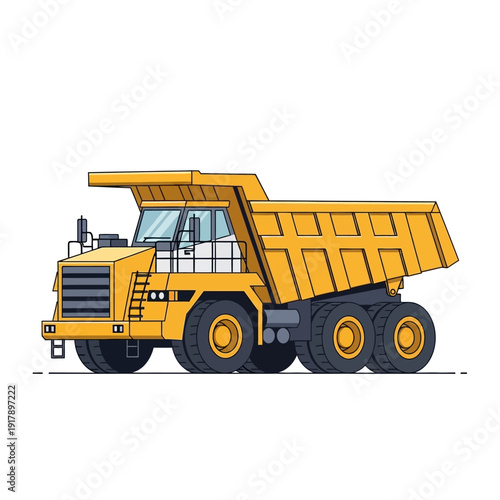 Yellow mining dump truck, heavy construction vehicle on white background, side view