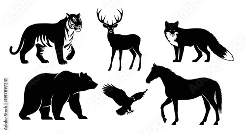 Collection of Black Silhouette Icons Featuring Tiger Deer Fox Bear Horse and Eagle.