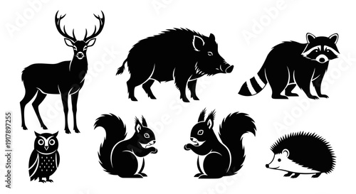 Black Silhouette Icons of Forest Wildlife Animals Deer Boar Raccoon Owl Squirrel Hedgehog.