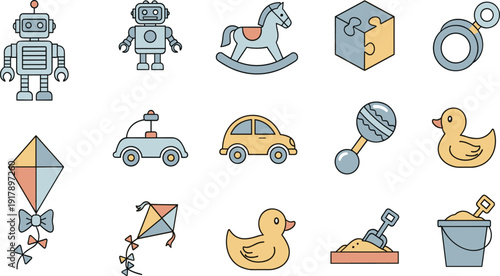 Kids Toy Icon Set with Robot, Rocking Horse, Toy Car, Duck, Puzzle Cube, Kite, and Baby Accessories Vector Collection.