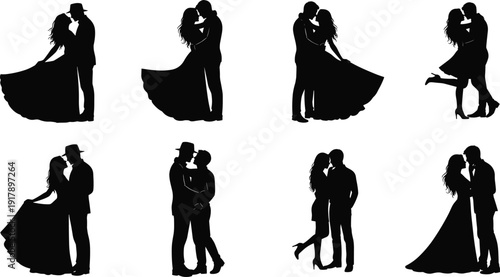 Romantic Wedding Couple Silhouette Set with Bride and Groom Embracing Kissing and Dancing Black Vector Illustration Collection