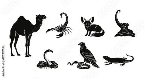 Black Silhouette Icons of Desert Wildlife Including Camel Scorpion Snake and Fox.