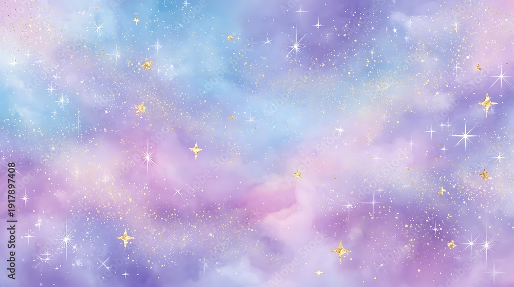 Obraz premium Magical Starry Sky Background - Pastel Swirls of Purple, Blue, and Pink with Gold Glitter