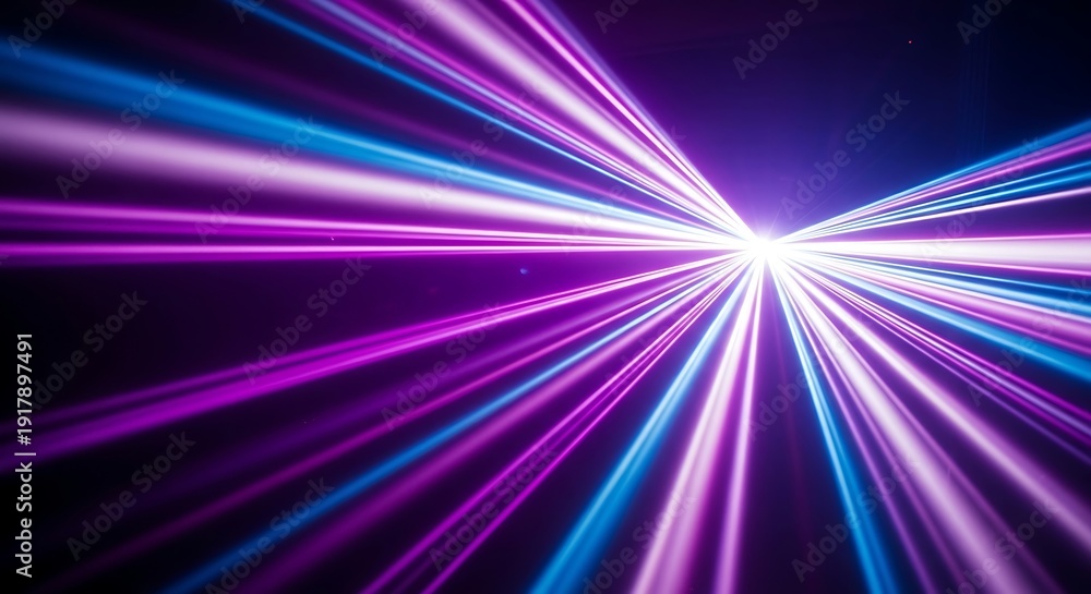 Obraz premium Vibrant purple and blue laser light beams radiating from a central white point on a dark background