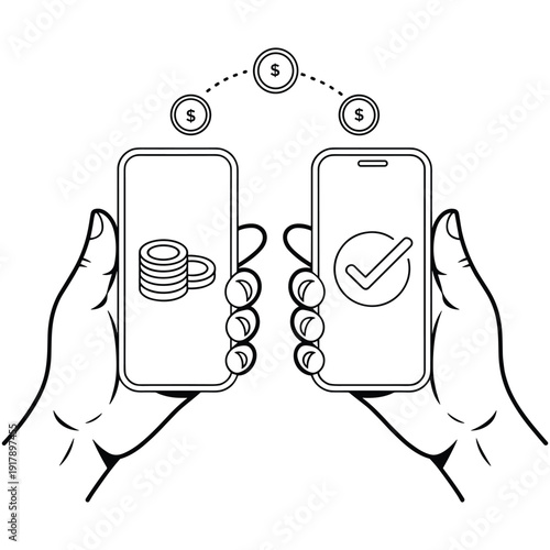 Hands holding smartphones showing online payment transaction with dollar coins moving between devices