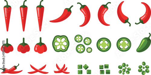 Chili and Bell Pepper Set with Whole, Sliced Rings, Cubes, and Fresh Hot Vegetables for Cooking Vector Collection.